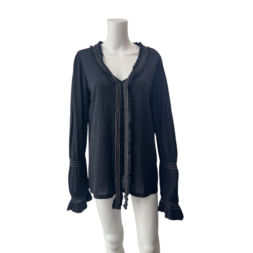 $465 NWT Marina Rinaldi Dark Blue Ruffle Sheer Blouse Shirt Top size Large